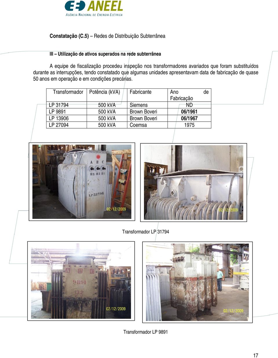 transformadores avariados que foram substituídos durante as interrupções, tendo constatado que algumas unidades apresentavam data de fabricação de