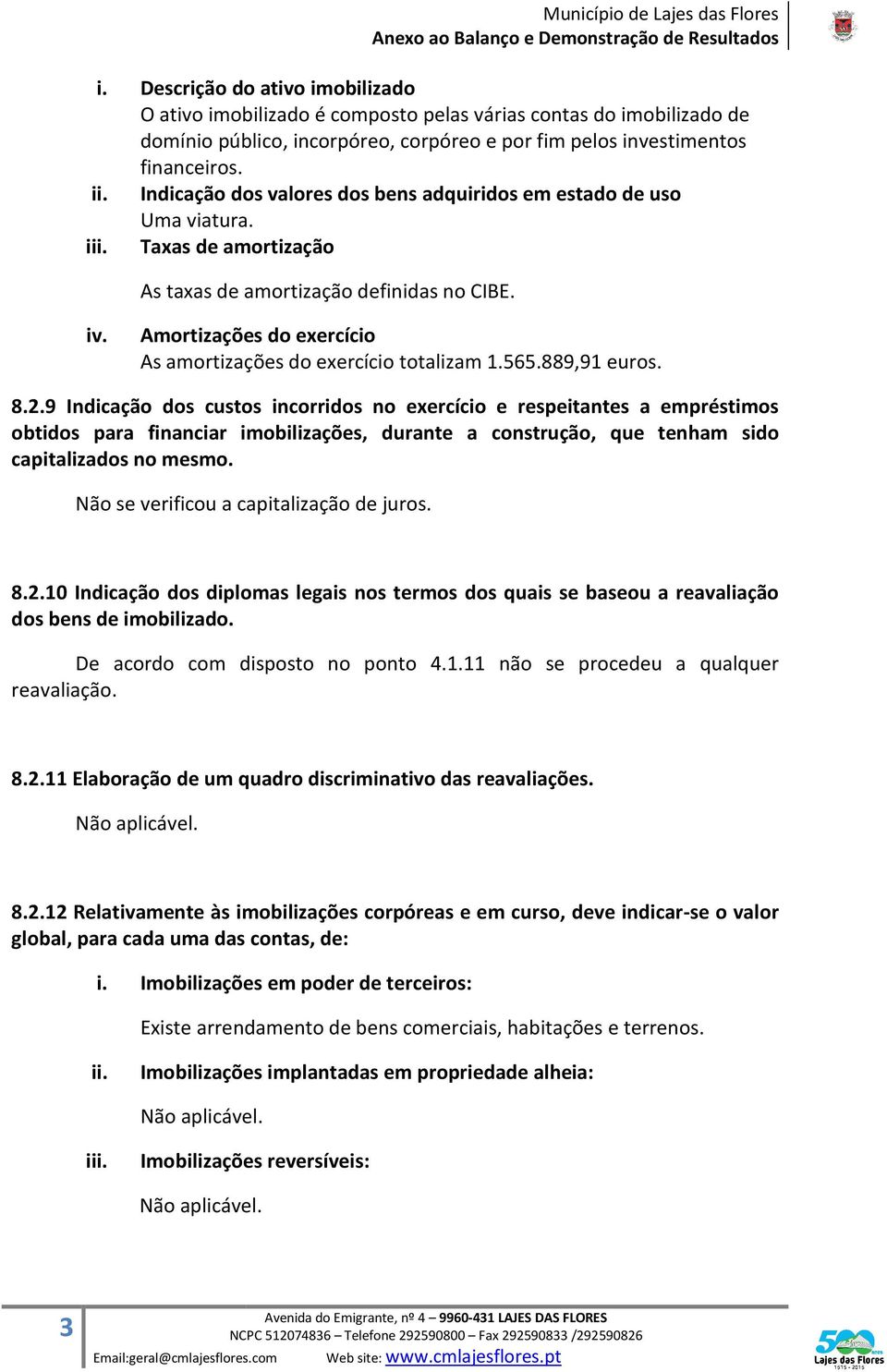 Amortizações do exercício As amortizações do exercício totalizam 1.565.889,91 euros. 8.2.