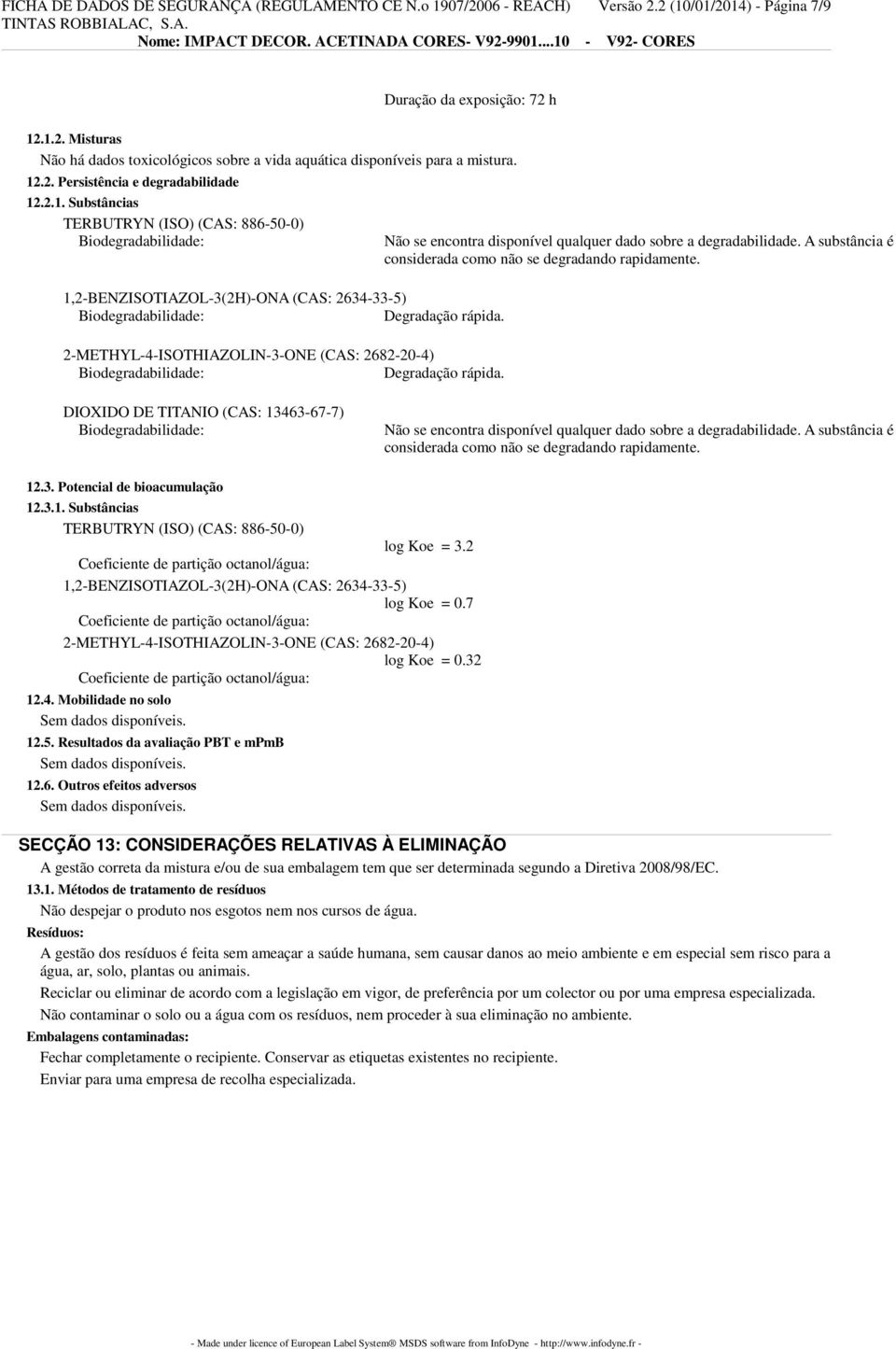 2-METHYL-4-ISOTHIAZOLIN-3-ONE (CAS: 2682-20-4) Biodegradabilidade: Degradação rápida. Não se encontra disponível qualquer dado sobre a degradabilidade.