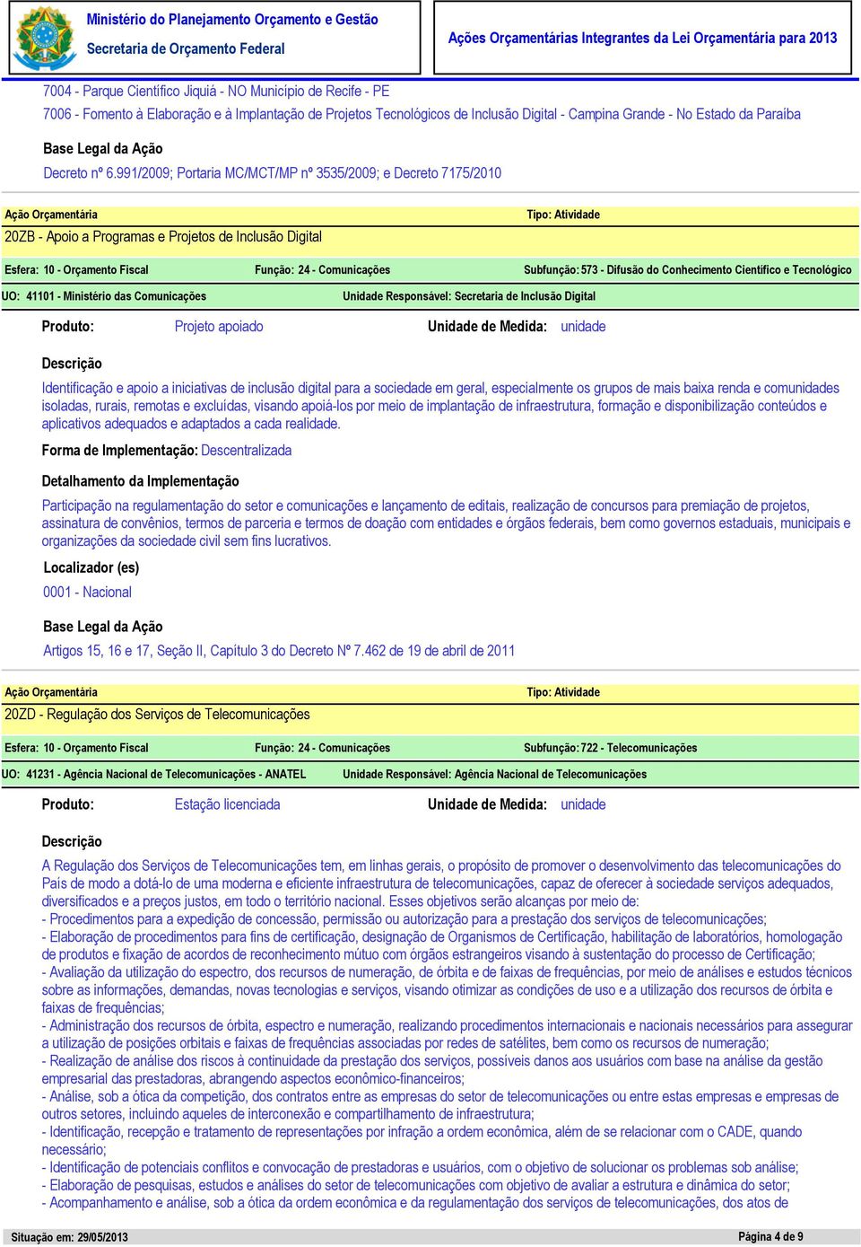 Difusão do Conhecimento Científico e Tecnológico UO: 41101 - Ministério das Comunicações Unidade Responsável: Secretaria de Inclusão Digital Projeto apoiado Unidade de Medida: unidade Identificação e