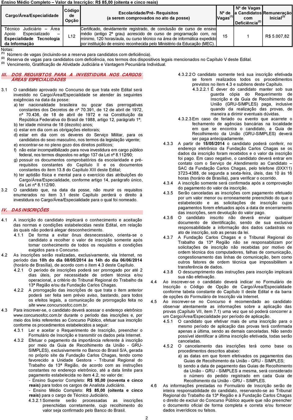 programação com, no mínimo, horas/aula, ou curso técnico na área de informática expedido por instituição de ensino reconhecida pelo Ministério da Educação (MEC).