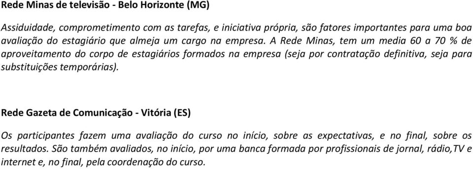 A Rede Minas, tem um media 60 a 70 % de aproveitamento do corpo de estagiários formados na empresa (seja por contratação definitiva, seja para substituições