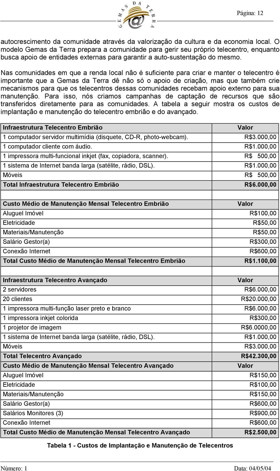 Nas comunidades em que a renda local não é suficiente para criar e manter o telecentro é importante que a Gemas da Terra dê não só o apoio de criação, mas que também crie mecanismos para que os