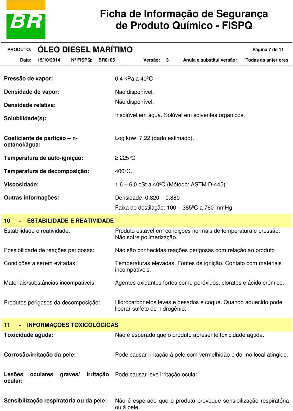 1,6 6,0 cst a 40ºC (Método: ASTM D-445) Outras informações: Densidade: 0,820 0,880 10 - ESTABILIDADE E REATIVIDADE Estabilidade e reatividade.