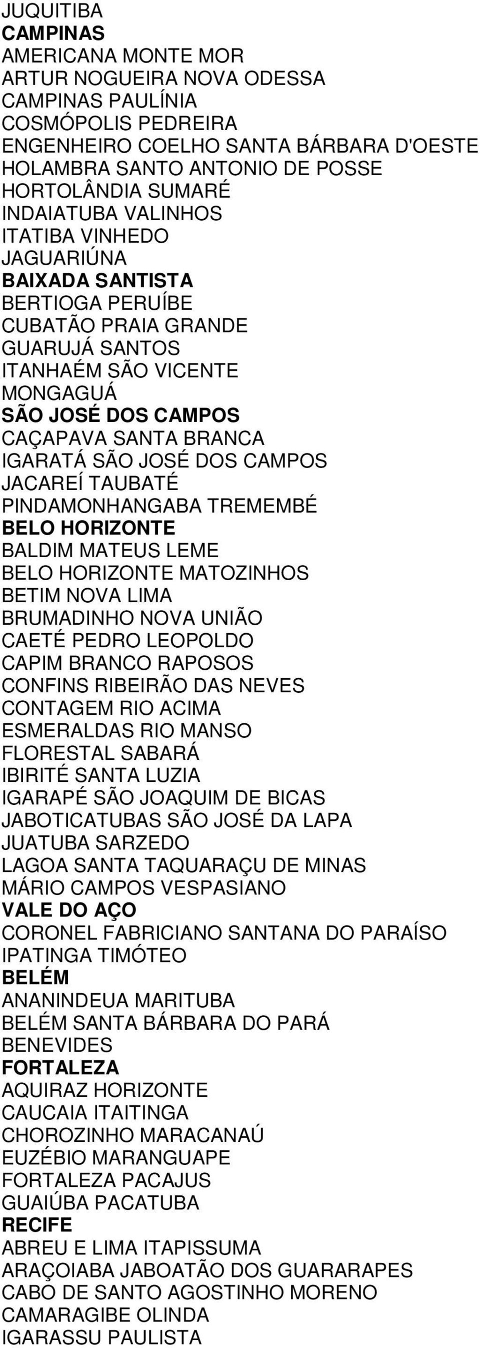 SÃO JOSÉ DOS CAMPOS JACAREÍ TAUBATÉ PINDAMONHANGABA TREMEMBÉ BELO HORIZONTE BALDIM MATEUS LEME BELO HORIZONTE MATOZINHOS BETIM NOVA LIMA BRUMADINHO NOVA UNIÃO CAETÉ PEDRO LEOPOLDO CAPIM BRANCO