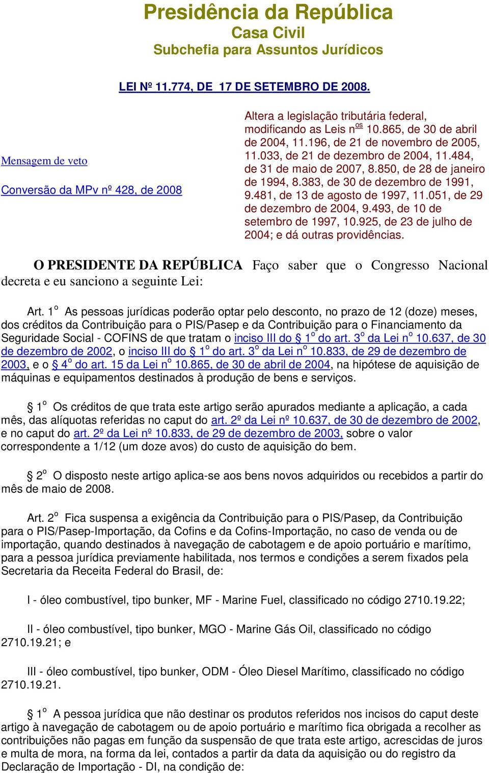 033, de 21 de dezembro de 2004, 11.484, de 31 de maio de 2007, 8.850, de 28 de janeiro de 1994, 8.383, de 30 de dezembro de 1991, 9.481, de 13 de agosto de 1997, 11.051, de 29 de dezembro de 2004, 9.