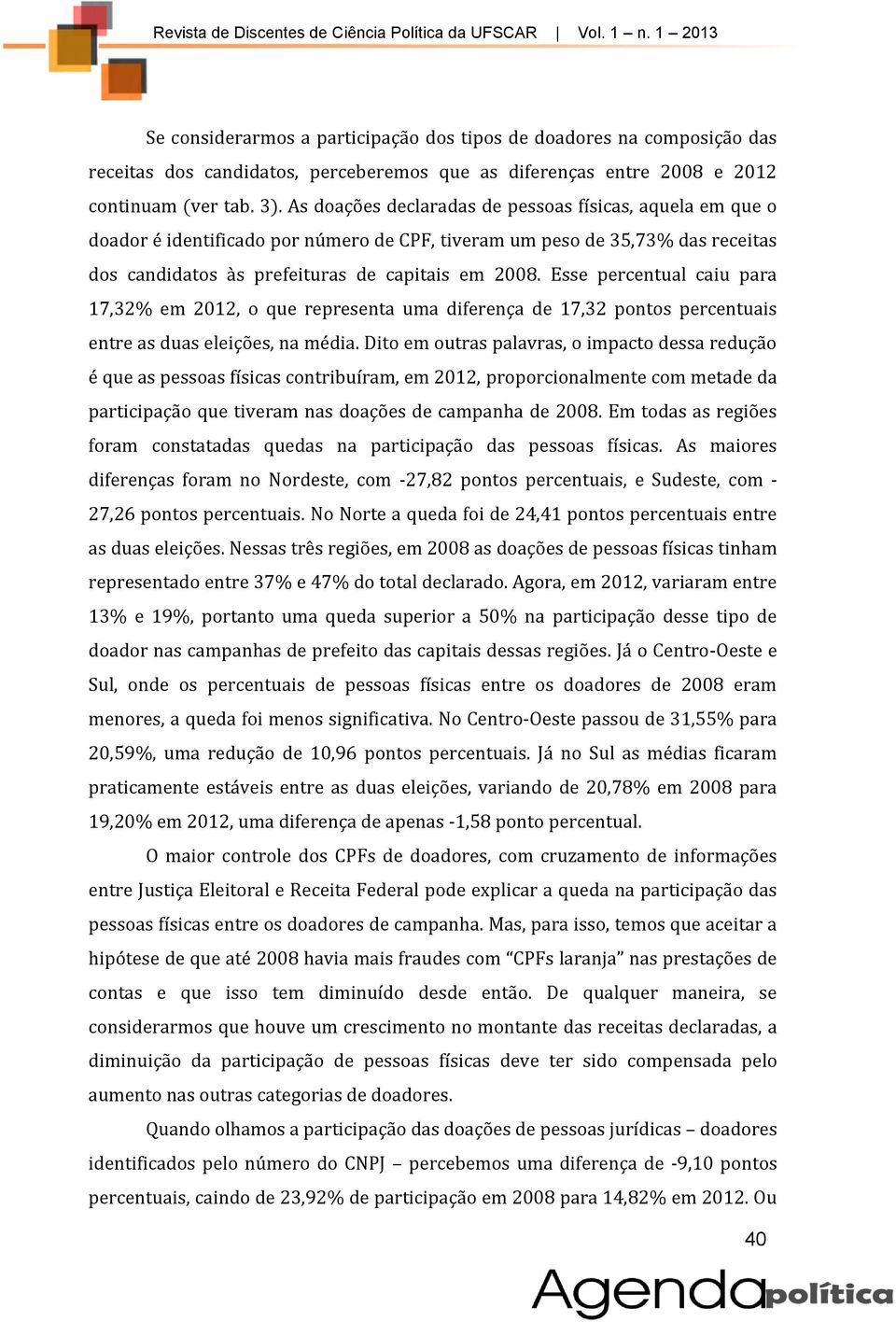 Esse percentual caiu para 17,32% em 2012, o que representa uma diferença de 17,32 pontos percentuais entre as duas eleições, na média.