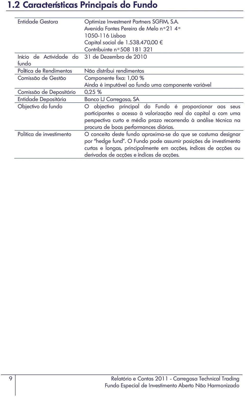 ao fundo uma componente variável Comissão de Depositário 0,25 % Entidade Depositária Banco LJ Carregosa, SA Objectivo do fundo O objectivo principal do Fundo é proporcionar aos seus participantes o