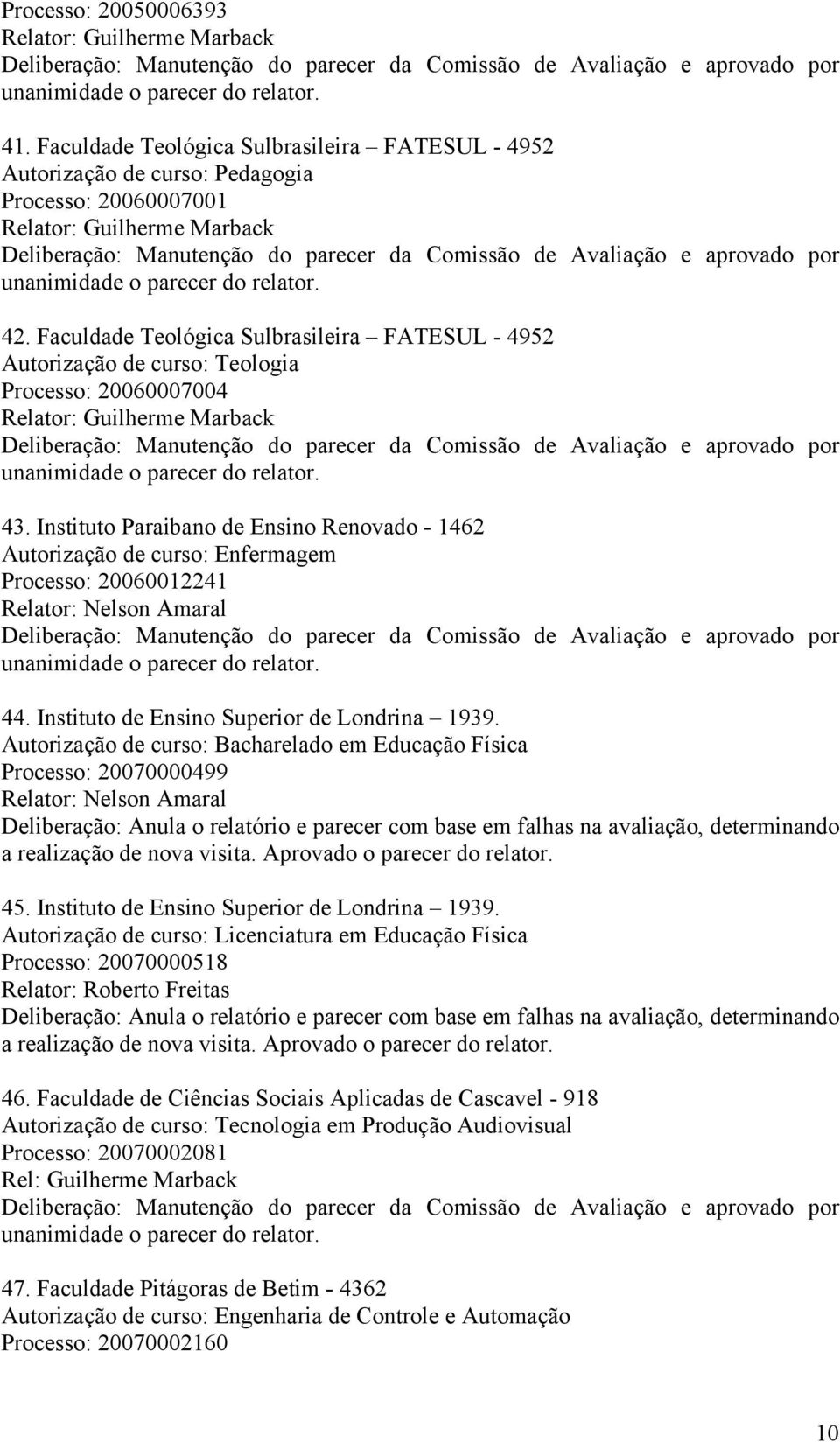 Instituto Paraibano de Ensino Renovado - 1462 Autorização de curso: Enfermagem Processo: 20060012241 Relator: Nelson Amaral 44. Instituto de Ensino Superior de Londrina 1939.