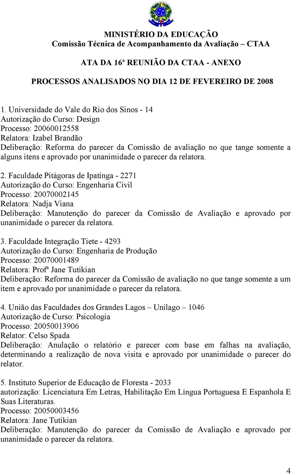 alguns itens e aprovado por 2. Faculdade Pitágoras de Ipatinga - 2271 Autorização do Curso: Engenharia Civil Processo: 20070002145 Relatora: Nadja Viana 3.
