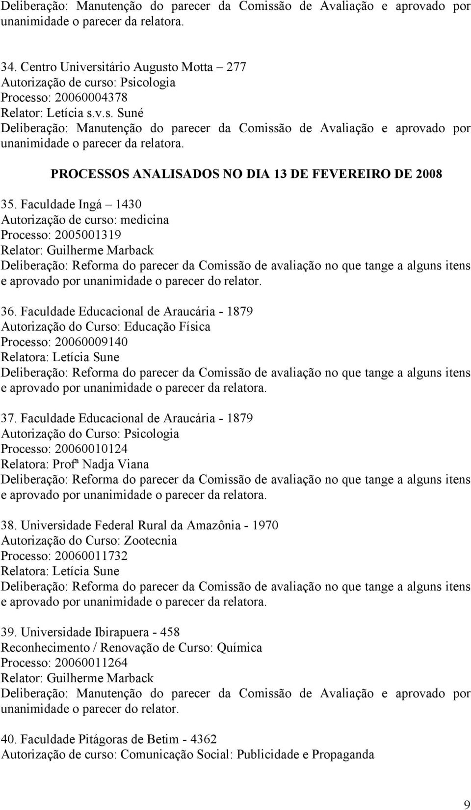 Faculdade Educacional de Araucária - 1879 Autorização do Curso: Educação Física Processo: 20060009140 Relatora: Letícia Sune e aprovado por 37.