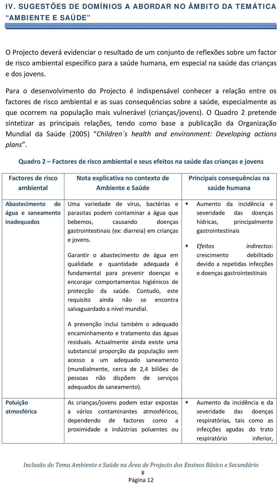 Para o desenvolvimento do Projecto é indispensável conhecer a relação entre os factores de risco ambiental e as suas consequências sobre a saúde, especialmente as que ocorrem na população mais