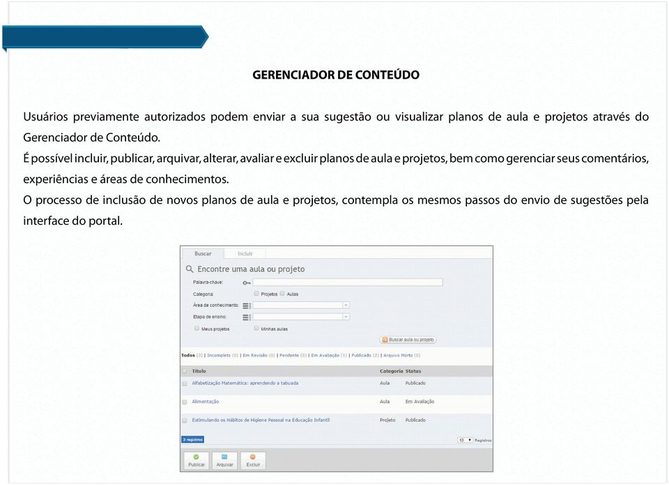 É possível incluir, publicar, arquivar, alterar, avaliar e excluir planos de aula e projetos, bem como gerenciar