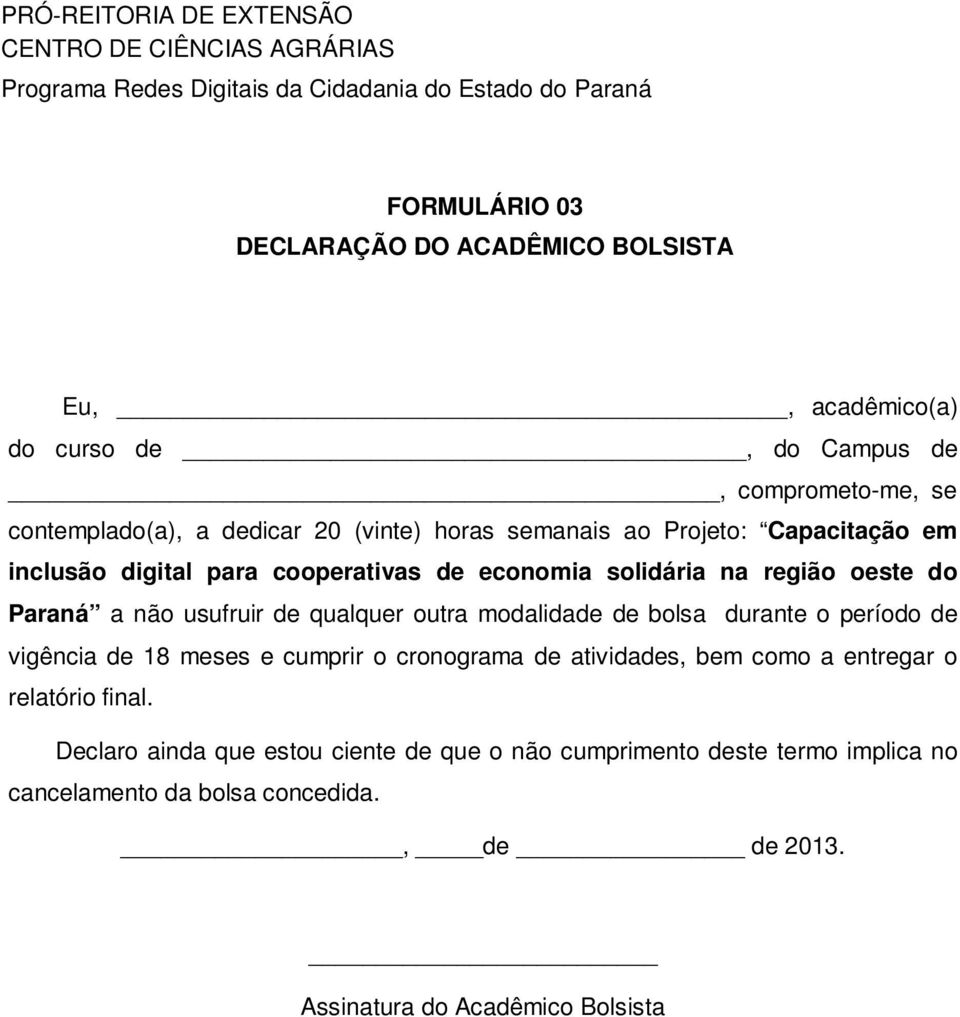 qualquer outra modalidade de bolsa durante o período de vigência de 18 meses e cumprir o cronograma de atividades, bem como a entregar o relatório