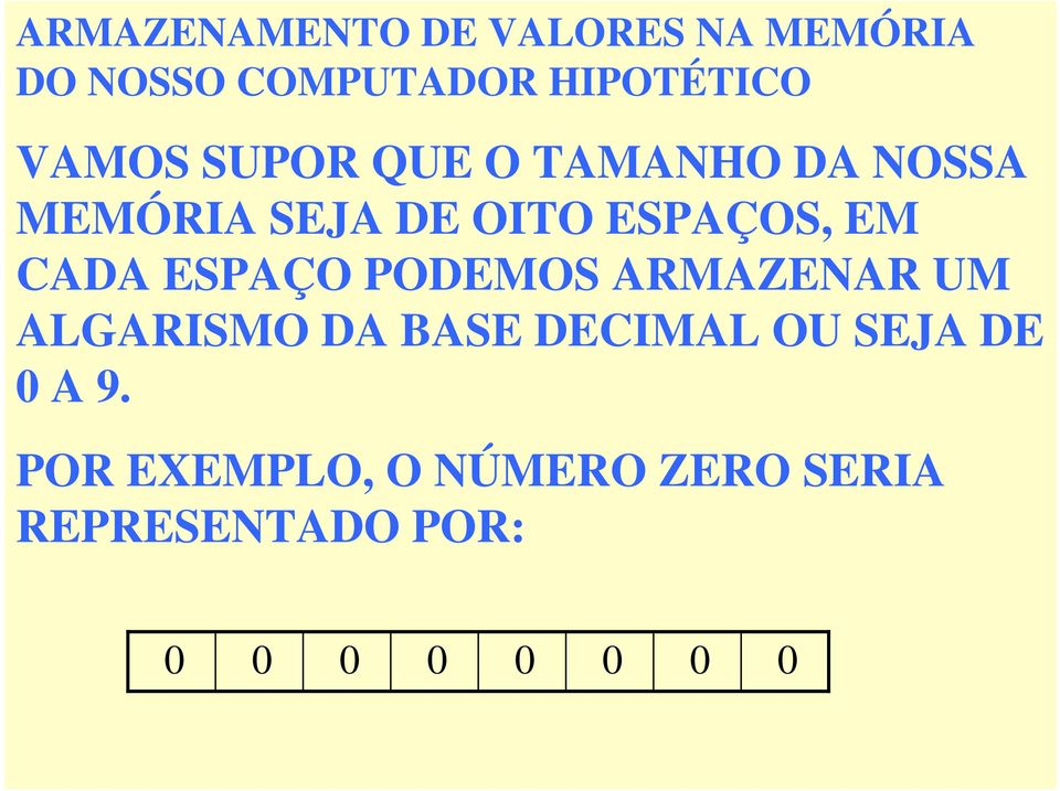 OITO ESPAÇOS, EM CADA ESPAÇO PODEMOS ARMAZENAR UM ALGARISMO DA