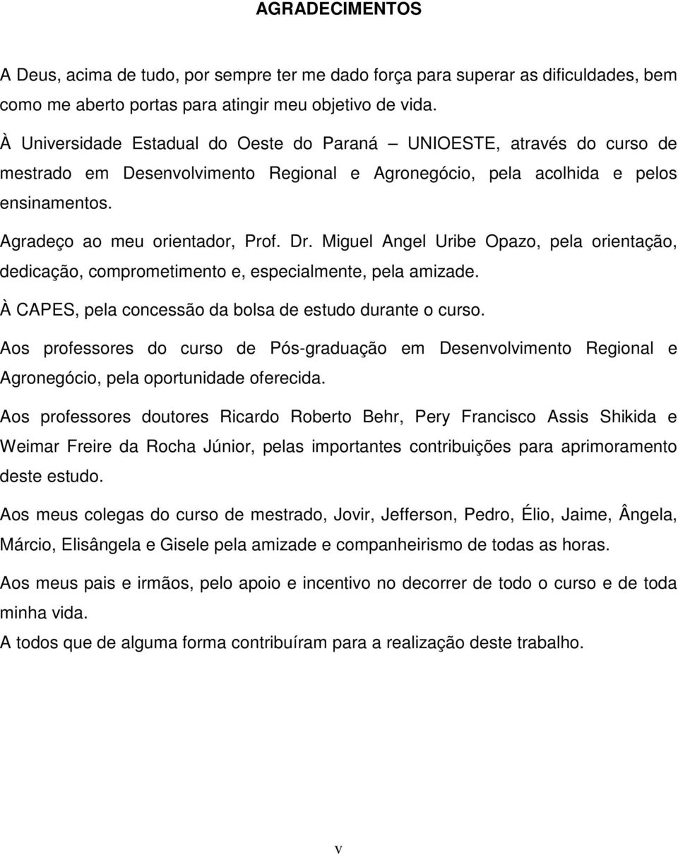 Miguel Angel Uribe Opazo, pela orientação, dedicação, comprometimento e, especialmente, pela amizade. À CAPES, pela concessão da bolsa de estudo durante o curso.