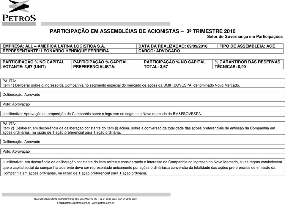 TÉCNICAS: 0,90 Item 1) Deliberar sobre o ingresso da Companhia no segmento especial do mercado de ações da BM&FBOVESPA, denominado Novo Mercado.