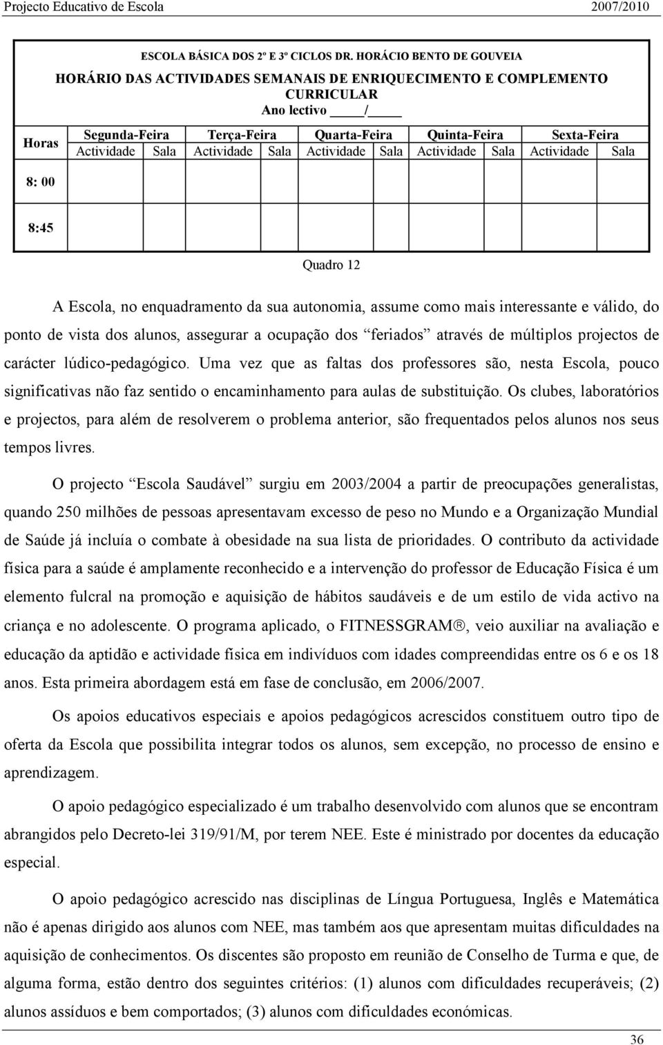 Actividade Sala Actividade Sala Actividade Sala Actividade Sala 8:45 Quadro 12 A Escola, no enquadramento da sua autonomia, assume como mais interessante e válido, do ponto de vista dos alunos,