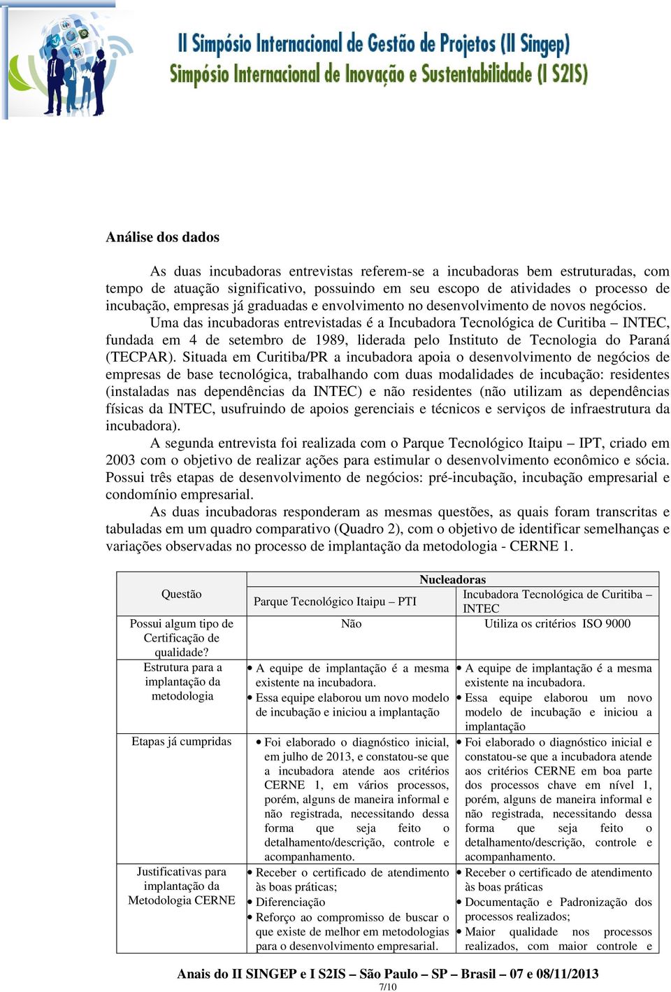 Uma das incubadoras entrevistadas é a Incubadora Tecnológica de Curitiba INTEC, fundada em 4 de setembro de 1989, liderada pelo Instituto de Tecnologia do Paraná (TECPAR).