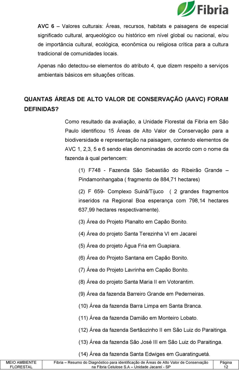 QUANTAS ÁREAS DE ALTO VALOR DE CONSERVAÇÃO (AAVC) FORAM DEFINIDAS?