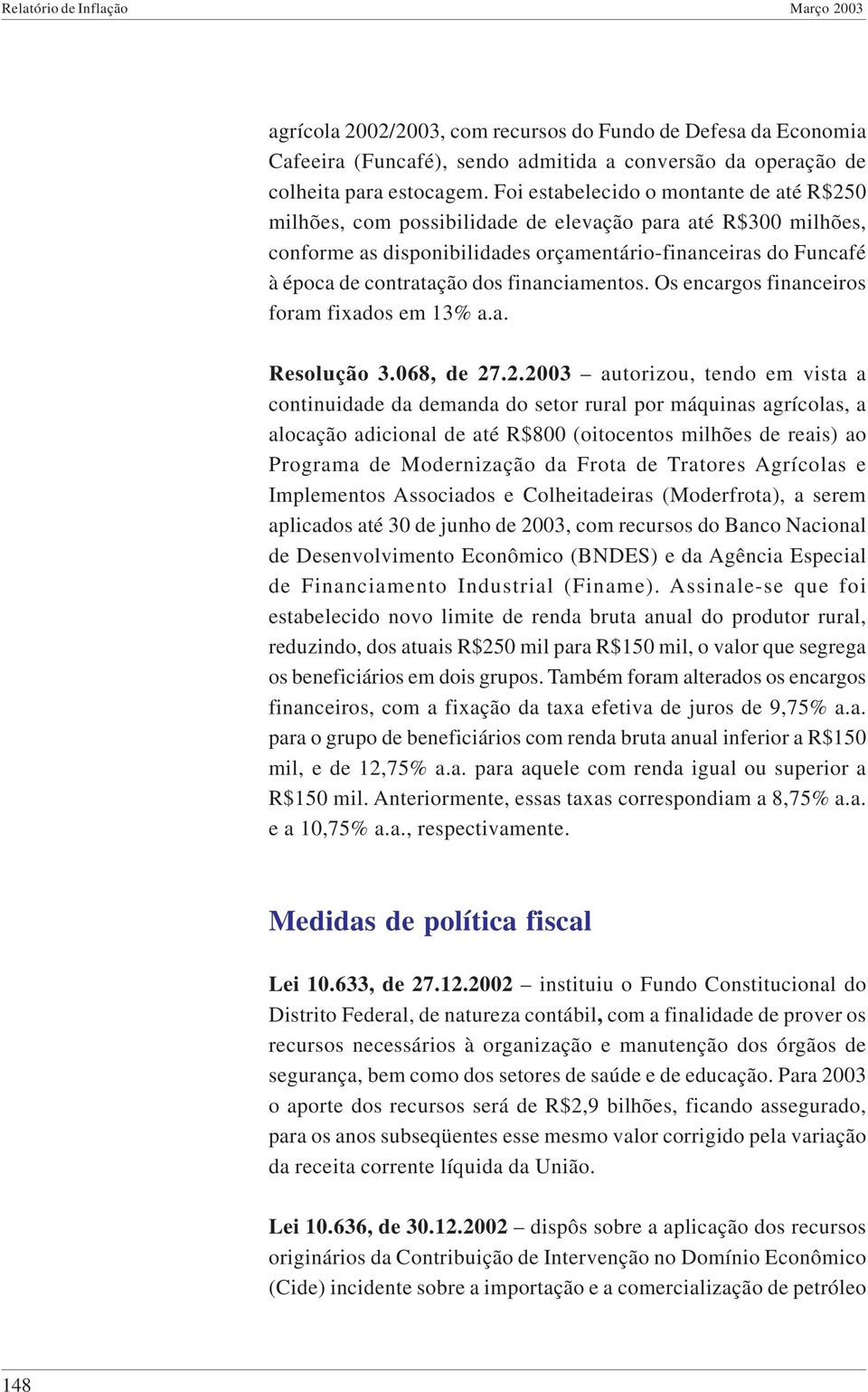 financiamentos. Os encargos financeiros foram fixados em 13% a.a. Resolução 3.068, de 27