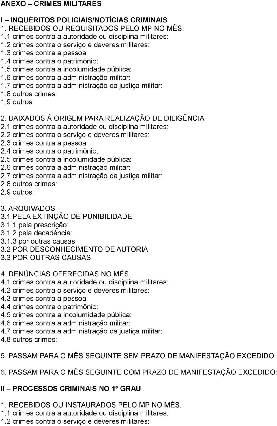 7 crimes contra a administração da justiça militar: 1.8 outros crimes: 1.9 outros: 2. BAIXADOS À ORIGEM PARA REALIZAÇÃO DE DILIGÊNCIA 2.1 crimes contra a autoridade ou disciplina militares: 2.