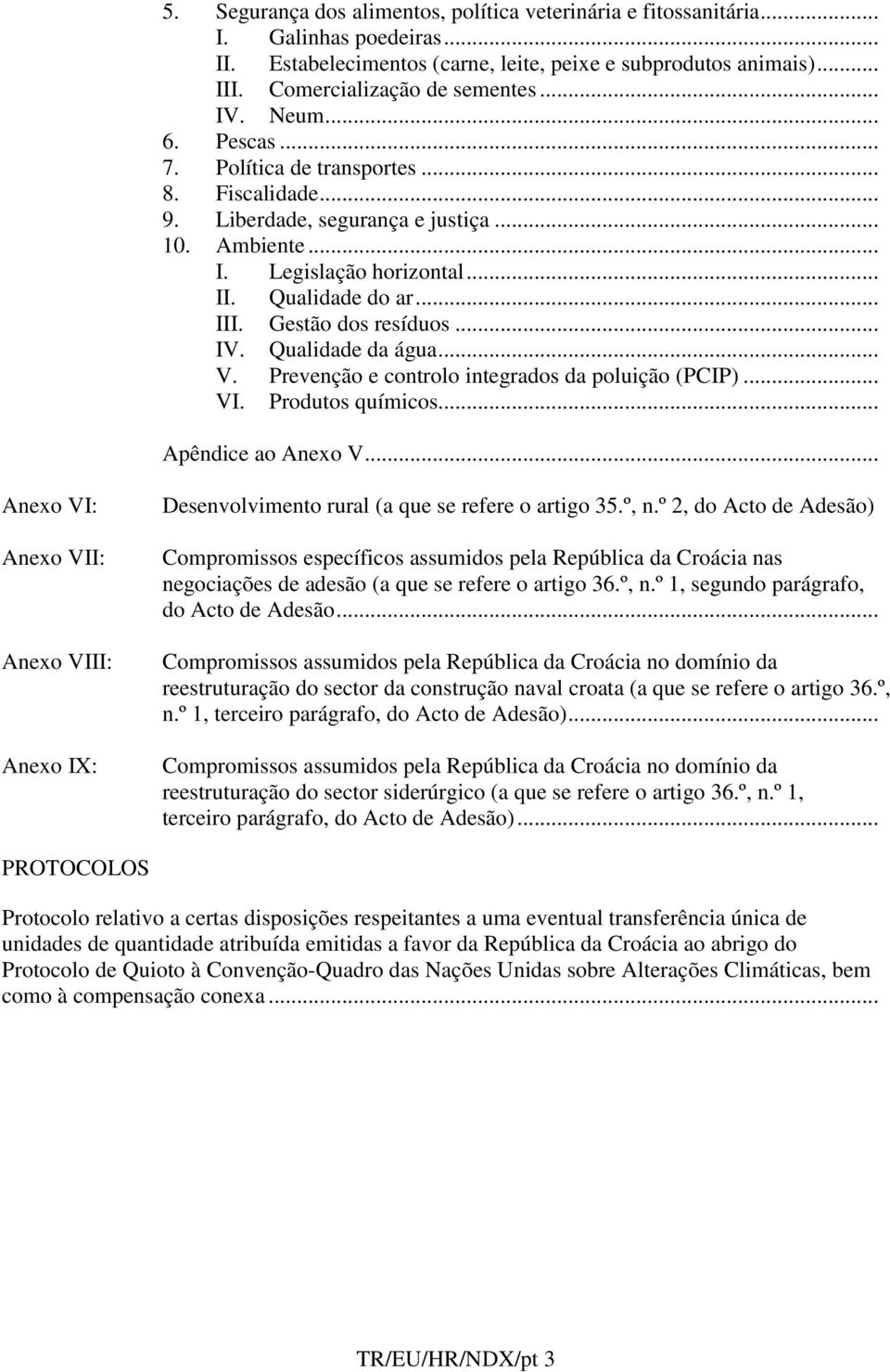 .. IV. Qualidade da água... V. Prevenção e controlo integrados da poluição (PCIP)... VI. Produtos químicos... Apêndice ao Anexo V.