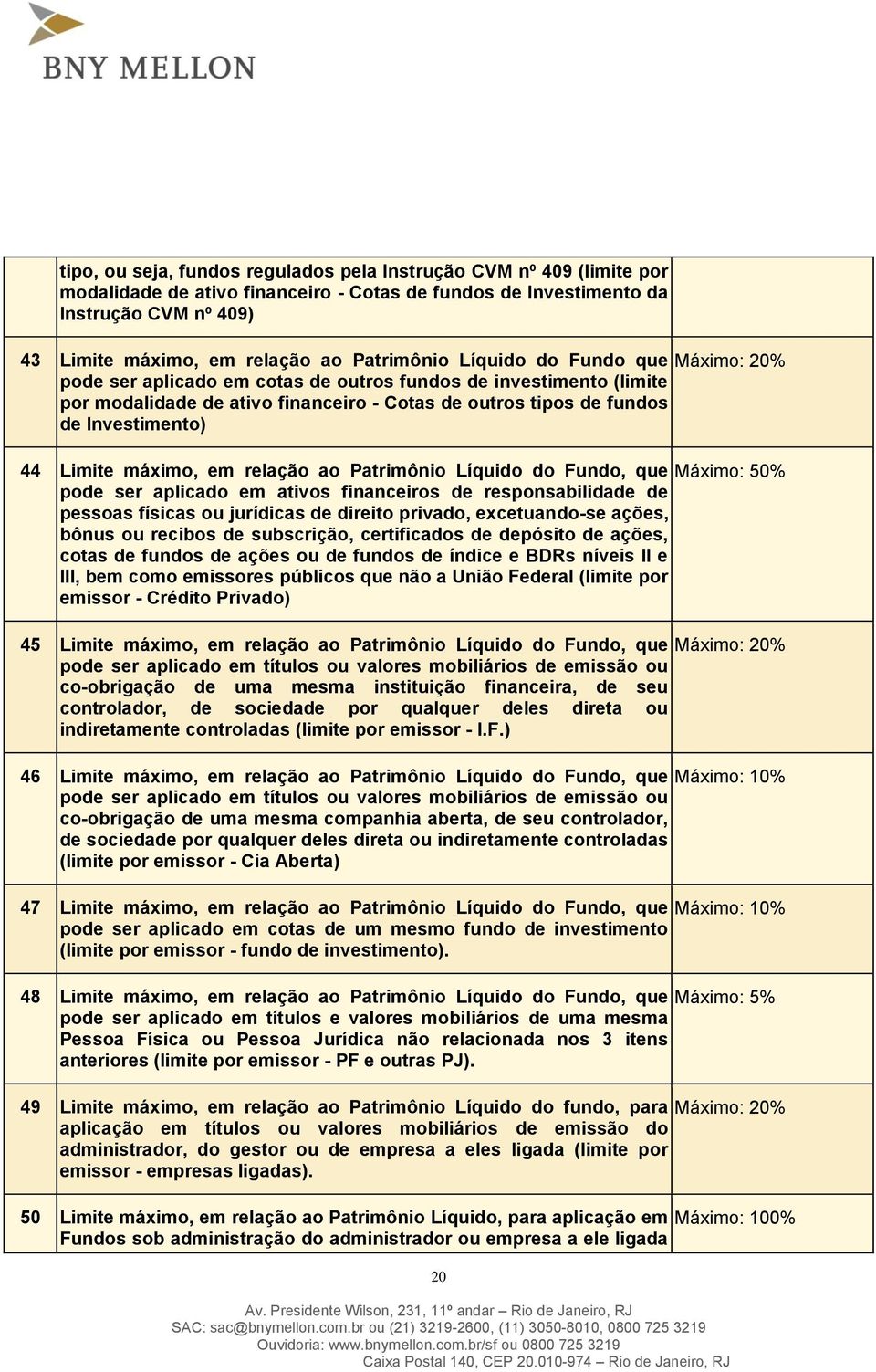 44 Limite máximo, em relação ao Patrimônio Líquido do Fundo, que Máximo: 50% pode ser aplicado em ativos financeiros de responsabilidade de pessoas físicas ou jurídicas de direito privado,