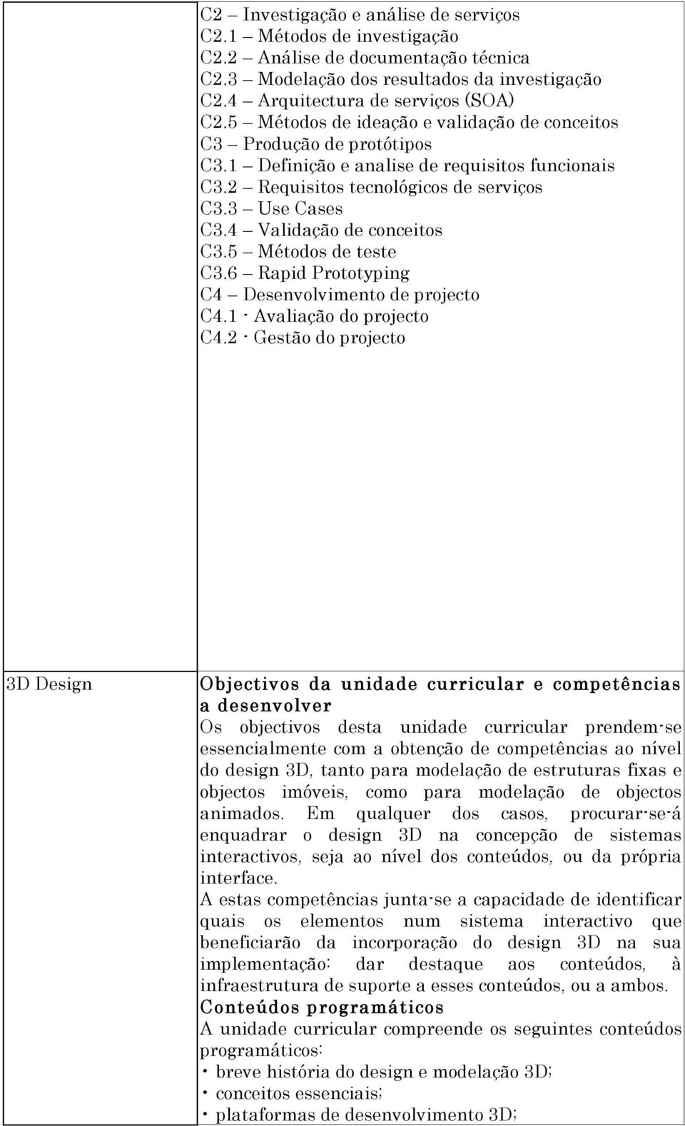 4 Validação de conceitos C3.5 Métodos de teste C3.6 Rapid Prototyping C4 Desenvolvimento de projecto C4.1 - Avaliação do projecto C4.