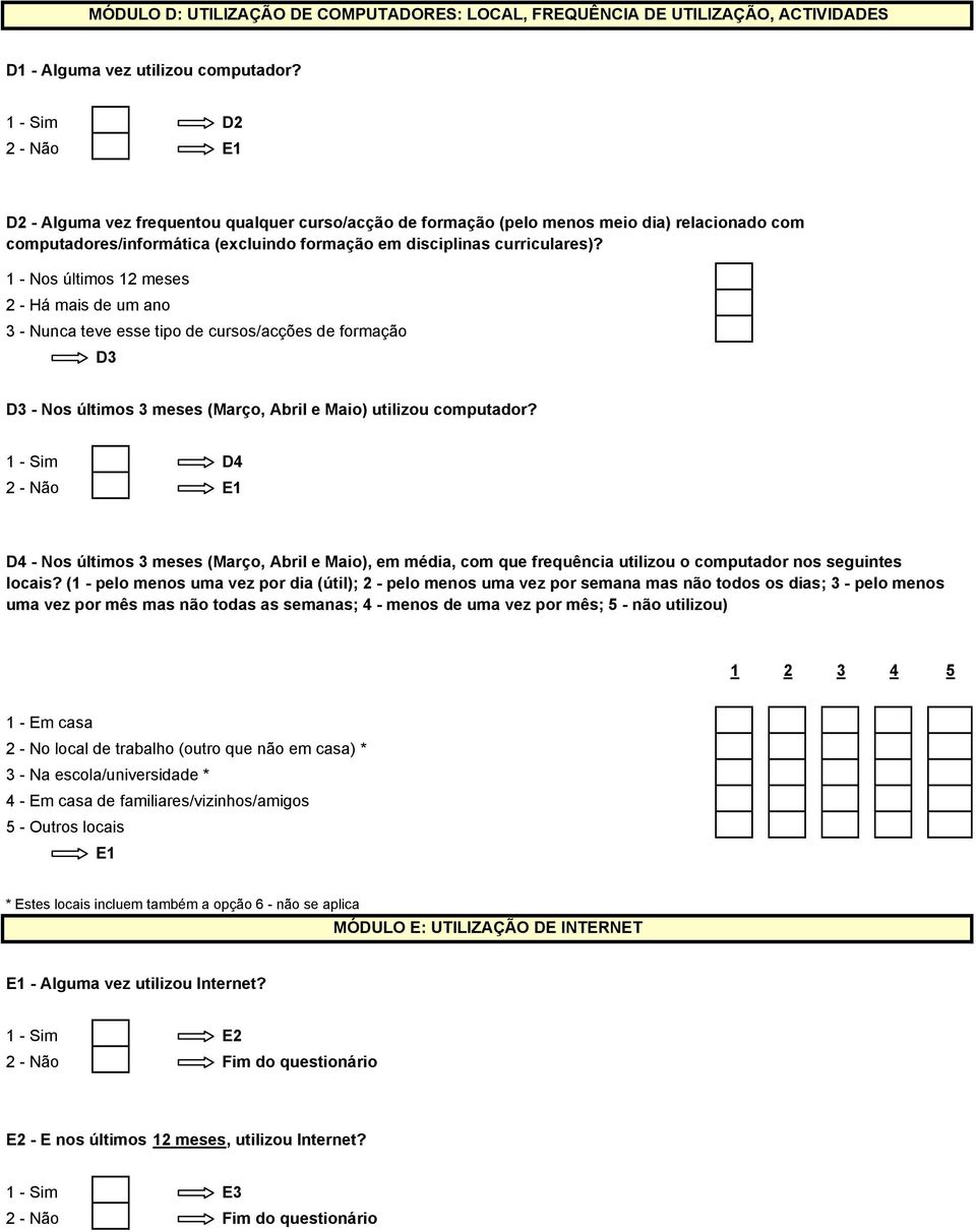 1 - Nos últimos 12 meses 2 - Há mais de um ano 3 - Nunca teve esse tipo de cursos/acções de formação D3 D3 - Nos últimos 3 meses (Março, Abril e Maio) utilizou computador?