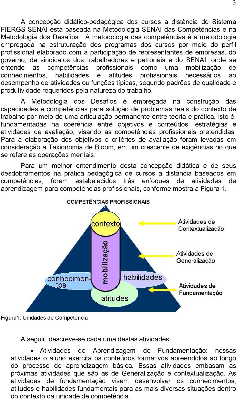 governo, de sindicatos dos trabalhadores e patronais e do SENAI, onde se entende as competências profissionais como uma mobilização de conhecimentos, habilidades e atitudes profissionais necessários