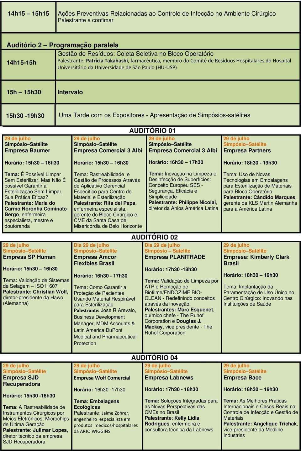 Tarde com os Expositores - Apresentação de Simpósios-satélites Empresa Baumer Empresa Comercial 3 Albi AUDITÓRIO 01 Empresa Comercial 3 Albi Empresa Partners Horário: 16h30 17h30 Horário: 18h30-19h30