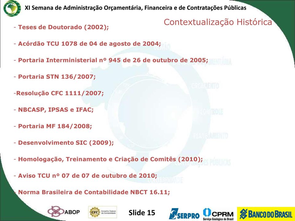 IPSAS e IFAC; - Portaria MF 184/2008; - Desenvolvimento SIC (2009); - Homologação, Treinamento e Criação de