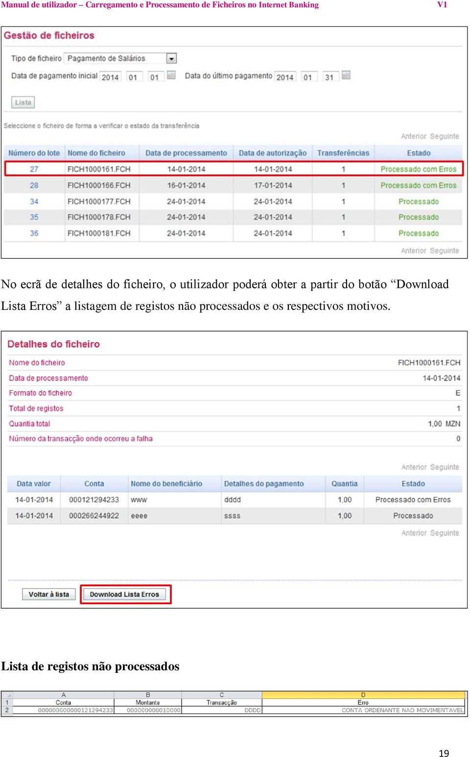 Erros a listagem de registos não processados e os