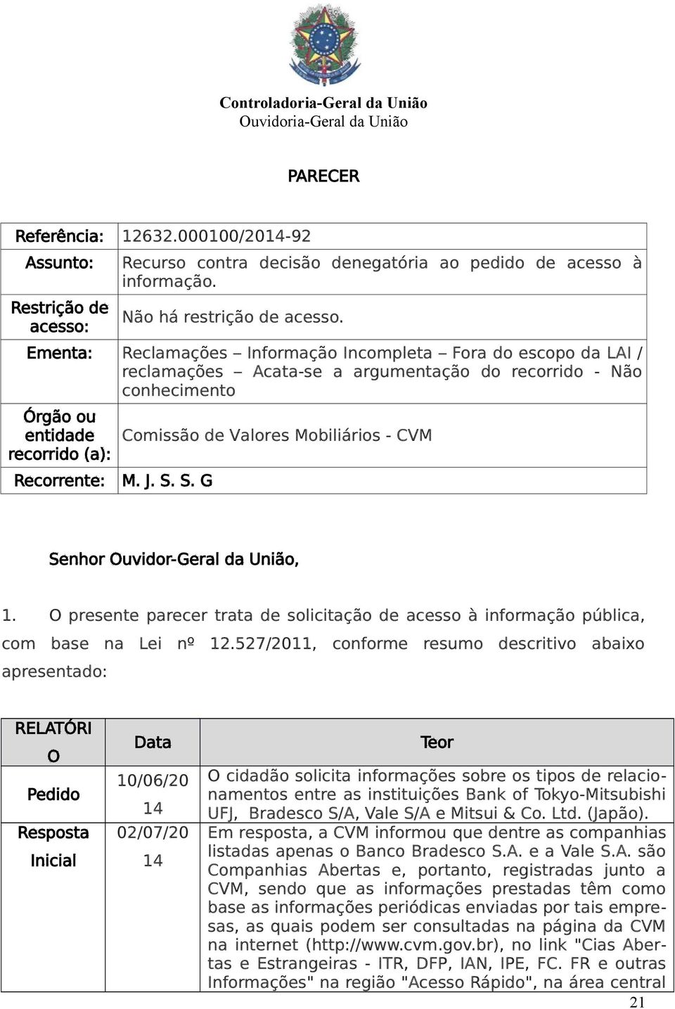 Ementa: Reclamações Informação Incompleta Fora do escopo da LAI / reclamações Acata-se a argumentação do recorrido - Não conhecimento Órgão ou entidade recorrido (a): Recorrente: Comissão de Valores