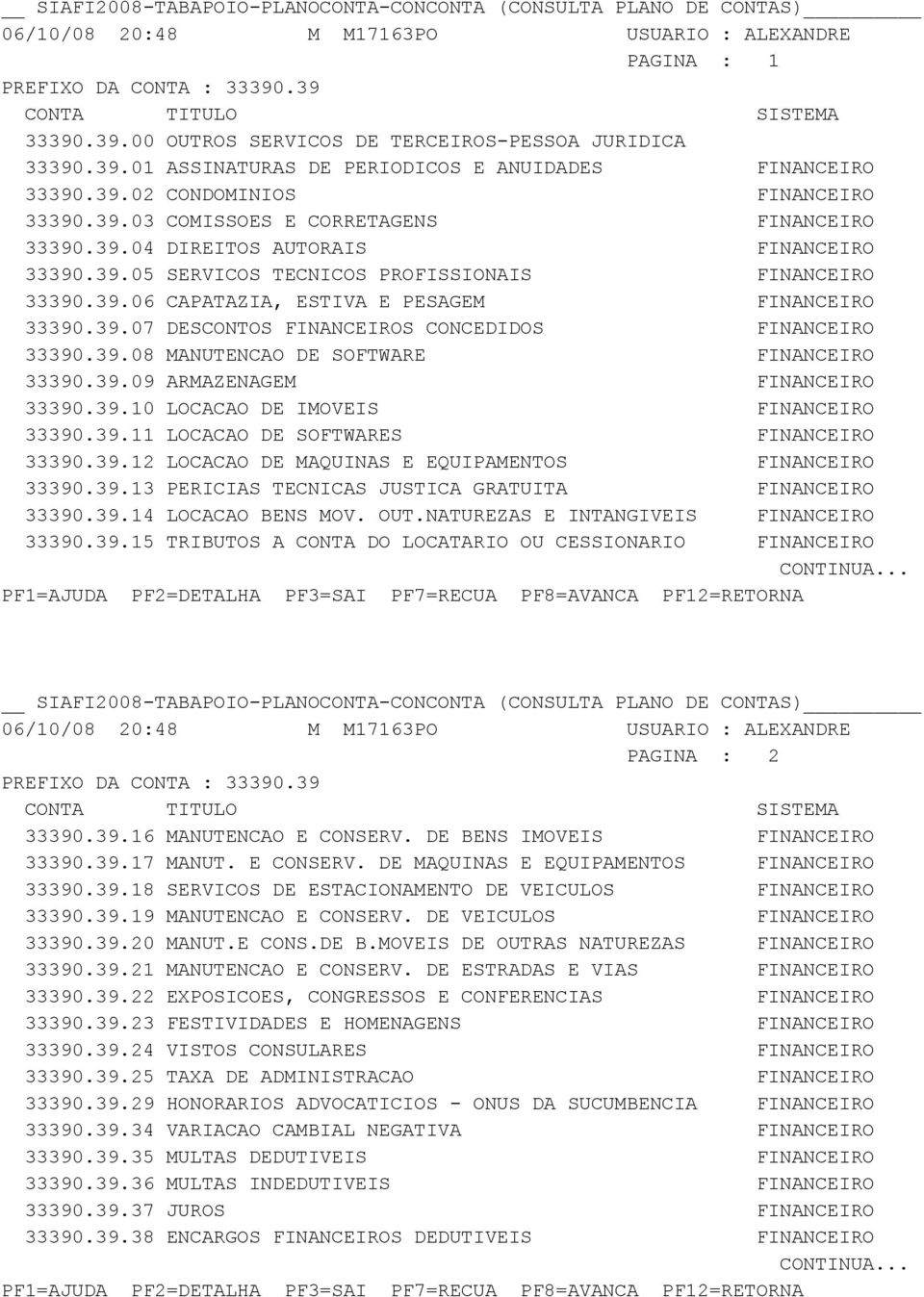 39.07 DESCONTOS FINANCEIROS CONCEDIDOS FINANCEIRO 33390.39.08 MANUTENCAO DE SOFTWARE FINANCEIRO 33390.39.09 ARMAZENAGEM FINANCEIRO 33390.39.10 LOCACAO DE IMOVEIS FINANCEIRO 33390.39.11 LOCACAO DE SOFTWARES FINANCEIRO 33390.