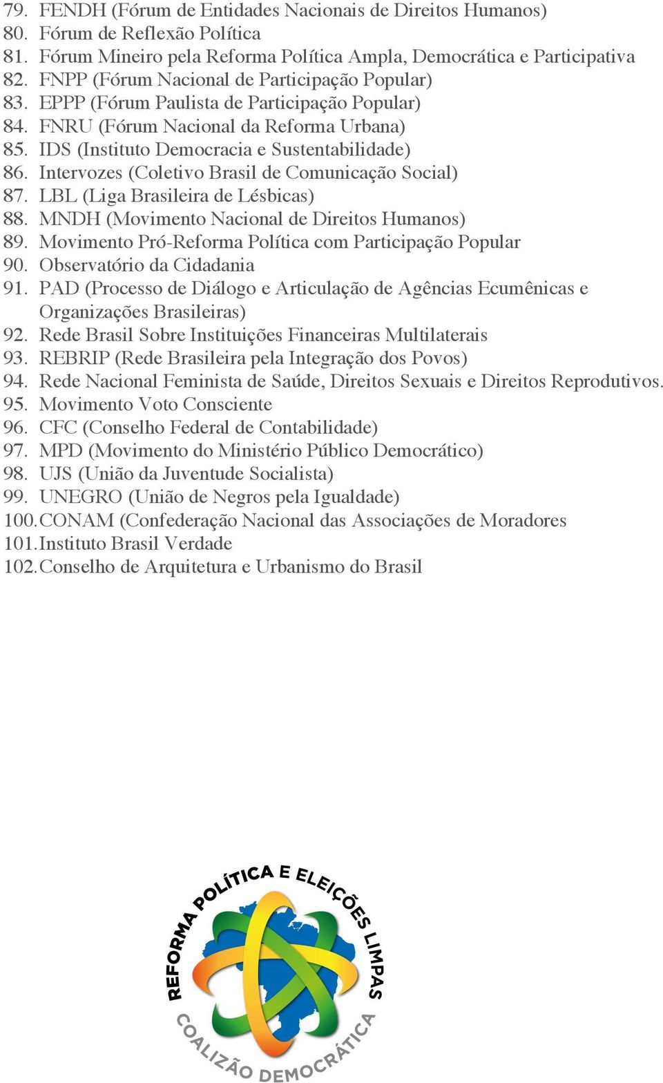 Intervozes (Coletivo Brasil de Comunicação Social) 87. LBL (Liga Brasileira de Lésbicas) 88. MNDH (Movimento Nacional de Direitos Humanos) 89.