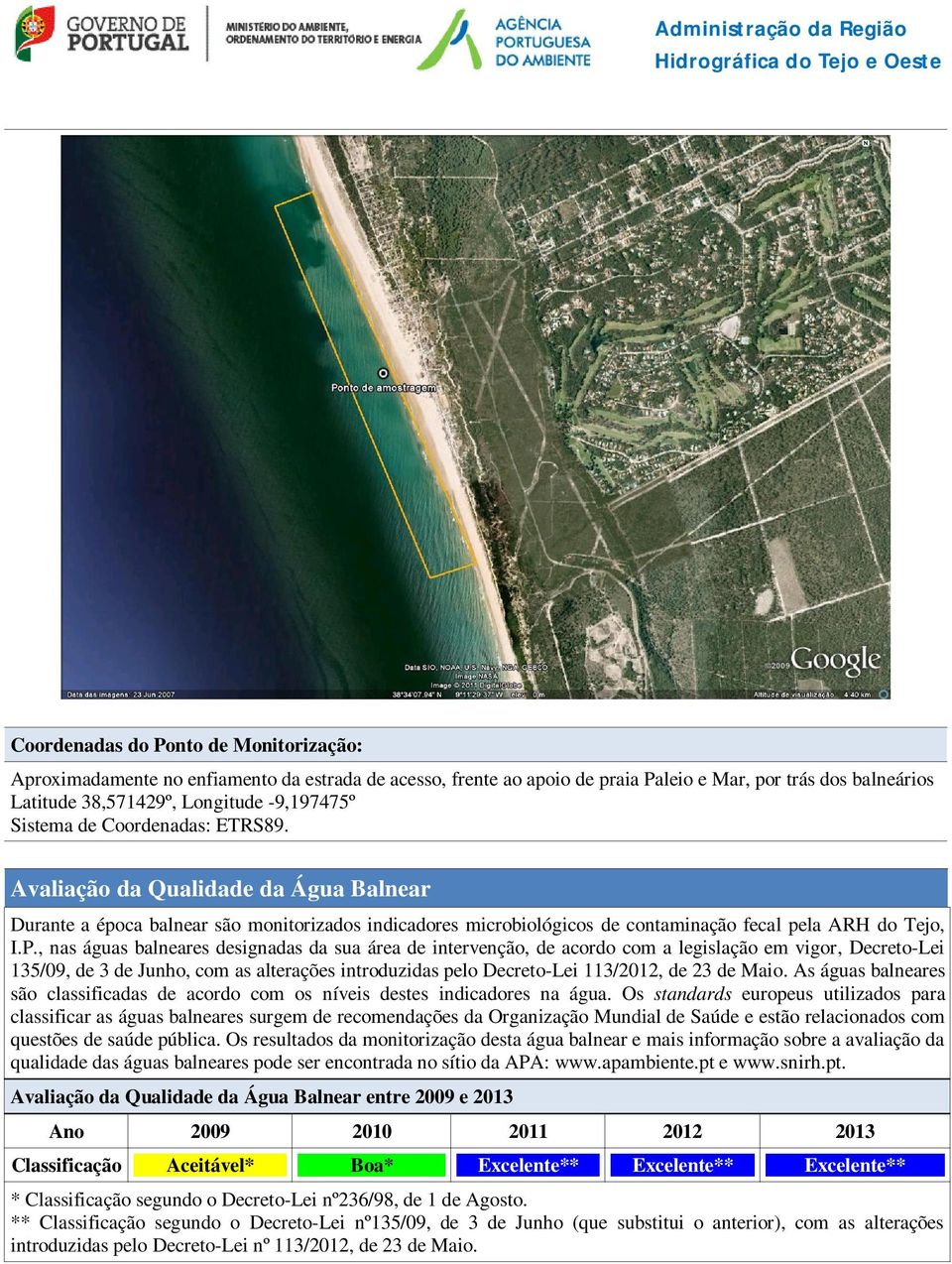 , nas águas balneares designadas da sua área de intervenção, de acordo com a legislação em vigor, Decreto-Lei 135/09, de 3 de Junho, com as alterações introduzidas pelo Decreto-Lei 113/2012, de 23 de