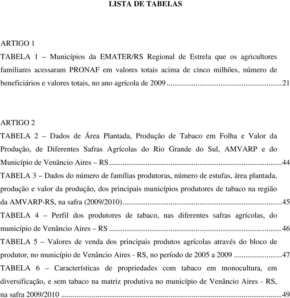 ..21 ARTIGO 2 TABELA 2 Dados de Área Plantada, Produção de Tabaco em Folha e Valor da Produção, de Diferentes Safras Agrícolas do Rio Grande do Sul, AMVARP e do Município de Venâncio Aires RS.