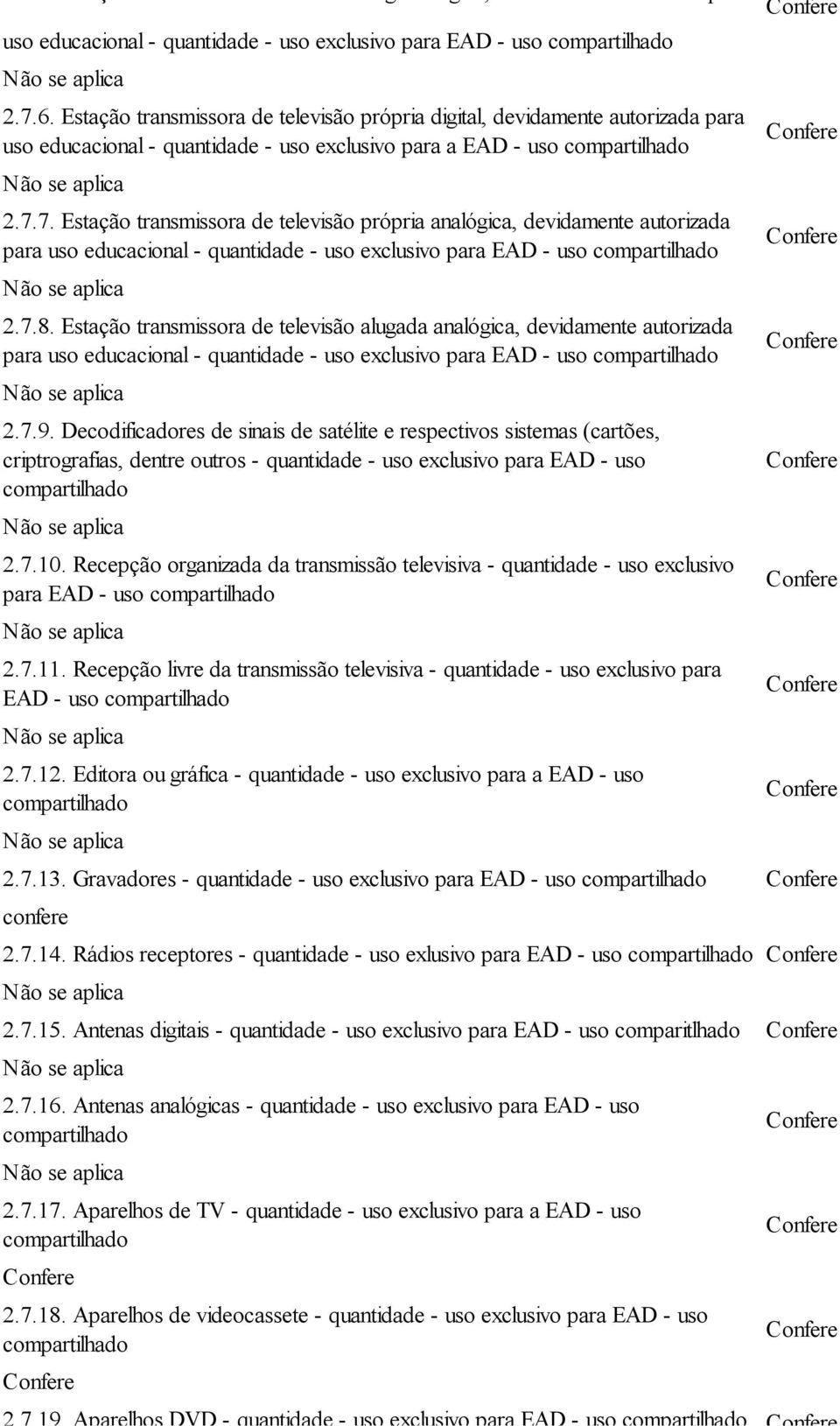 7. Estação transmissora de televisão própria analógica, devidamente autorizada para uso educacional - quantidade - uso exclusivo para EAD - uso 2.7.8.