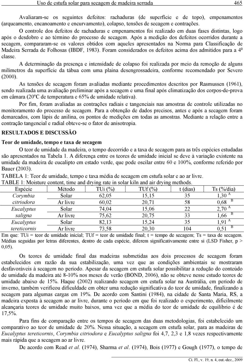 Após a medição dos defeitos ocorridos durante a secagem, compararam-se os valores obtidos com aqueles apresentados na Norma para Classificação de Madeira Serrada de Folhosas (IBDF, 1983).