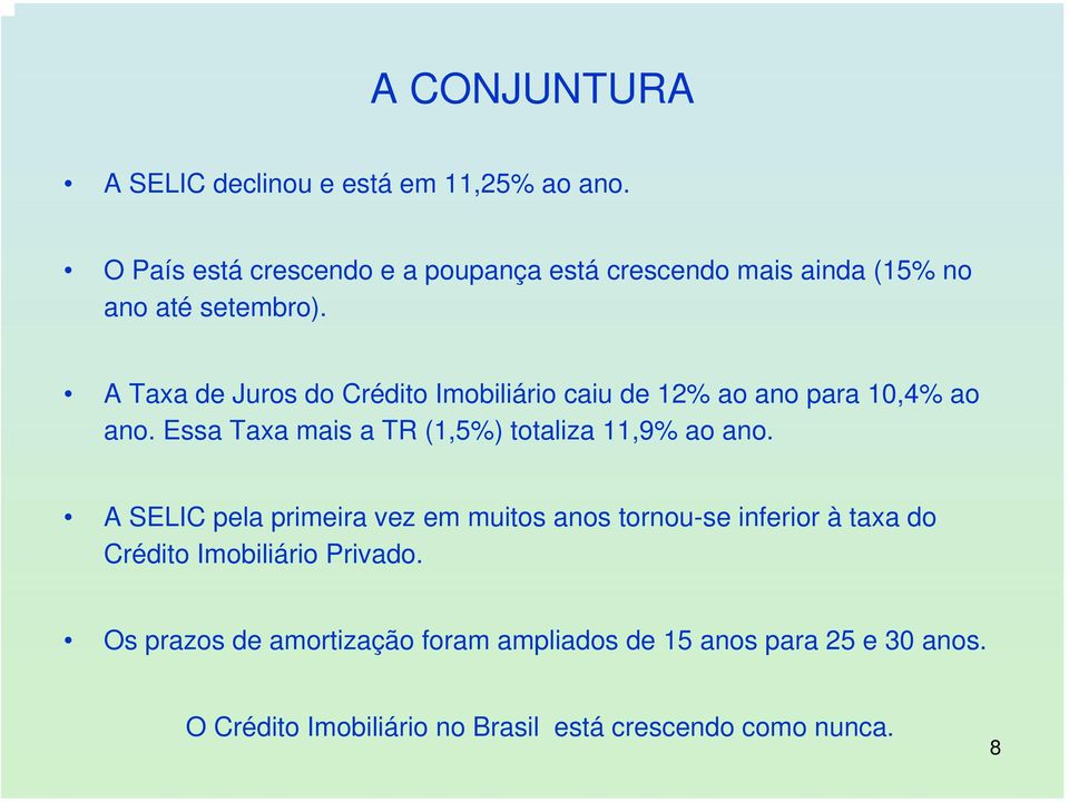 A Taxa de Juros do Crédito Imobiliário caiu de 12% ao ano para 10,4% ao ano.