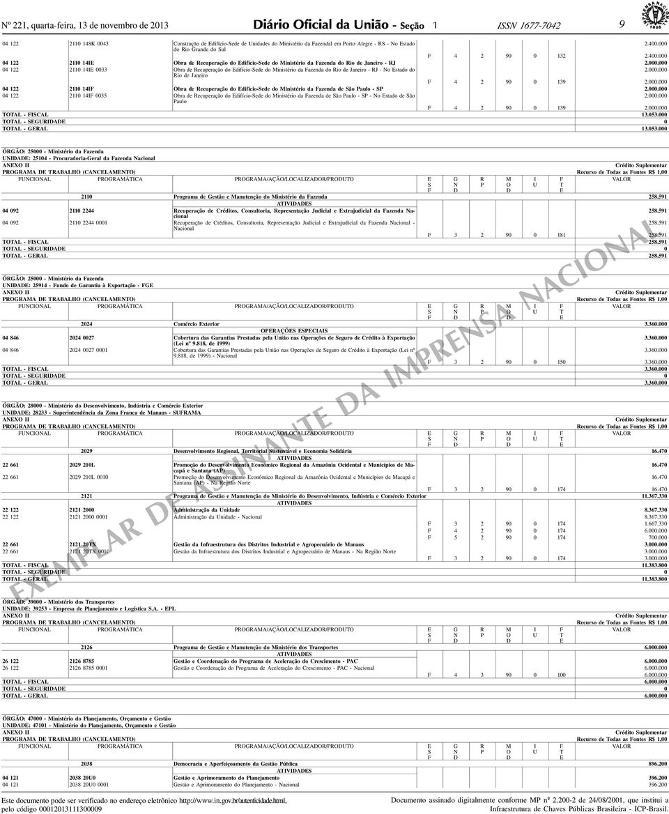 000.000 Rio de Janeiro F 4 2 90 0 39 2.000.000 04 22 20 4IF Obra de Recuperação do Edifício-Sede do Ministério da Fazenda de São Paulo - SP 2.000.000 04 22 20 4IF 0035 Obra de Recuperação do Edifício-Sede do Ministério da Fazenda de São Paulo - SP - No Estado de São 2.