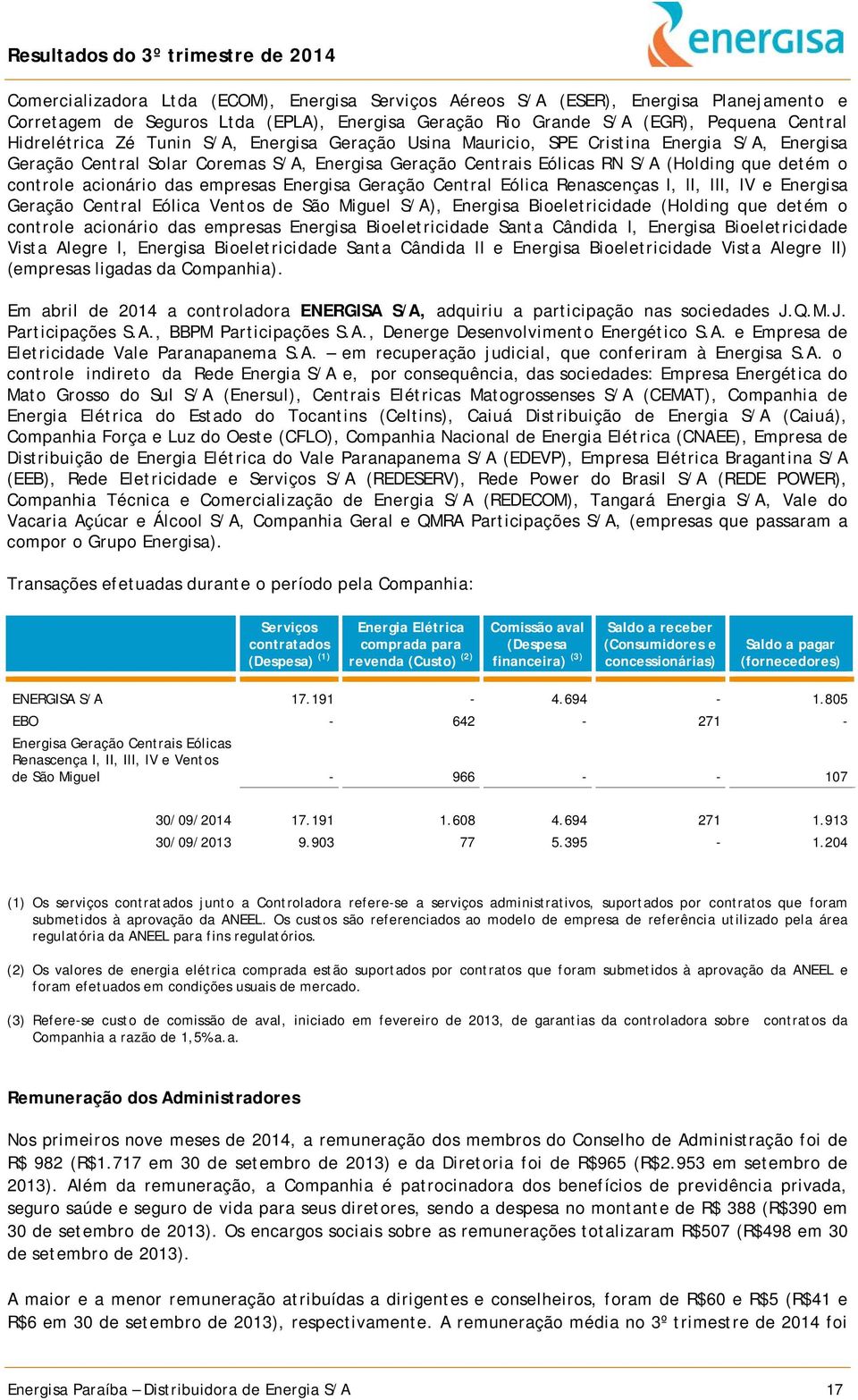 empresas Energisa Geração Central Eólica Renascenças I, II, III, IV e Energisa Geração Central Eólica Ventos de São Miguel S/A), Energisa Bioeletricidade (Holding que detém o controle acionário das