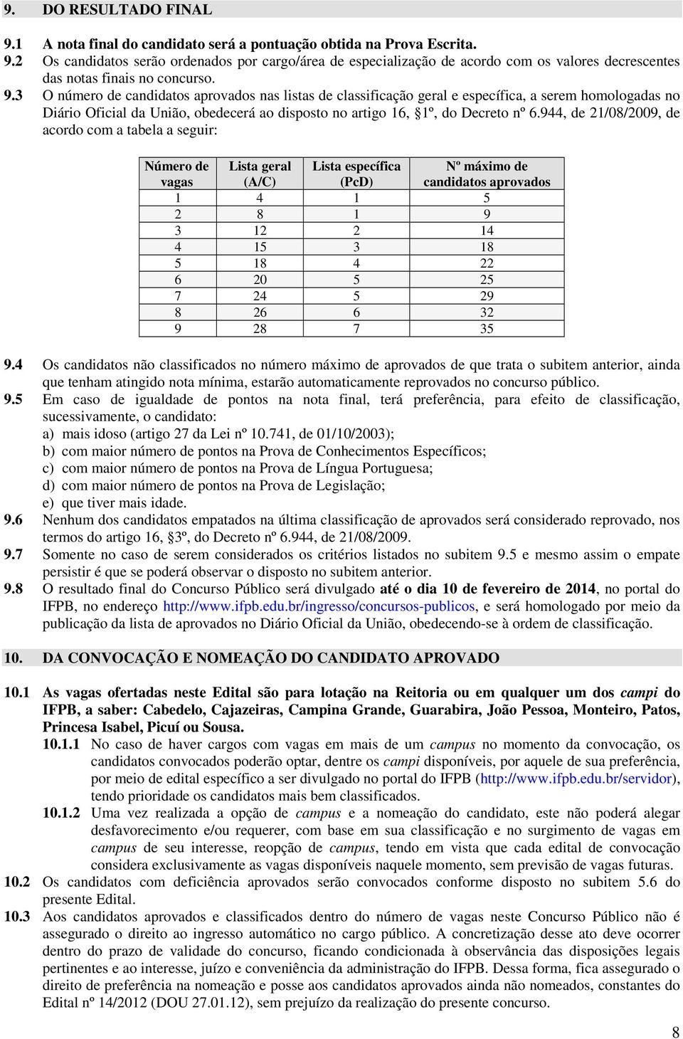 944, de 21/08/2009, de acordo com a tabela a seguir: Número de vagas Lista geral (A/C) Lista específica (PcD) 1 4 1 5 2 8 1 9 3 12 2 14 4 15 3 18 5 18 4 22 6 20 5 25 7 24 5 29 8 26 6 32 9 28 7 35 Nº