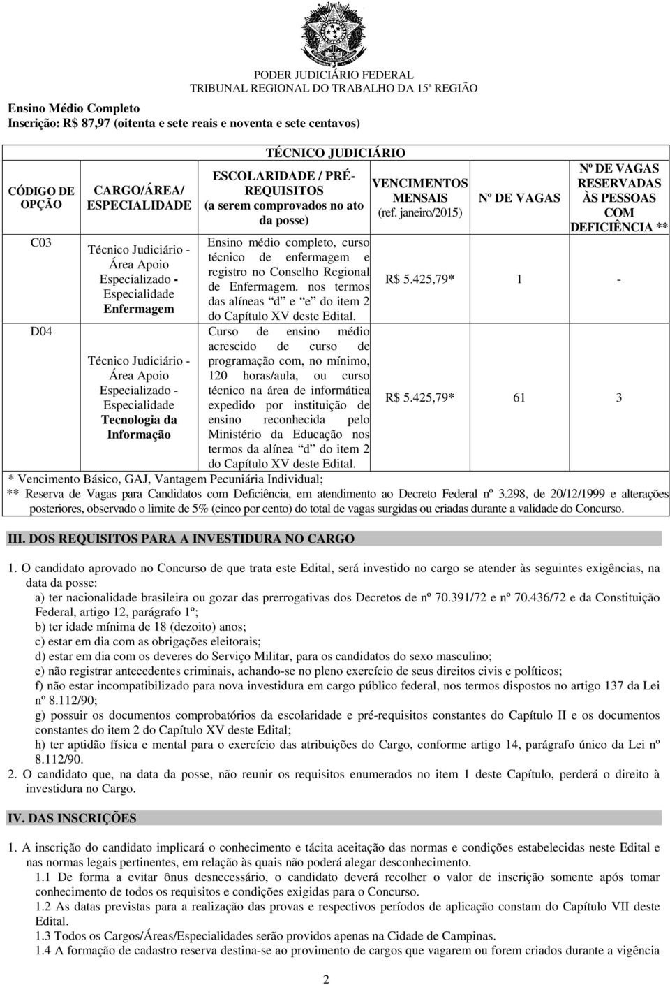 Ensino médio completo, curso técnico de enfermagem e registro no Conselho Regional de Enfermagem. nos termos das alíneas d e e do item 2 do Capítulo XV deste Edital.