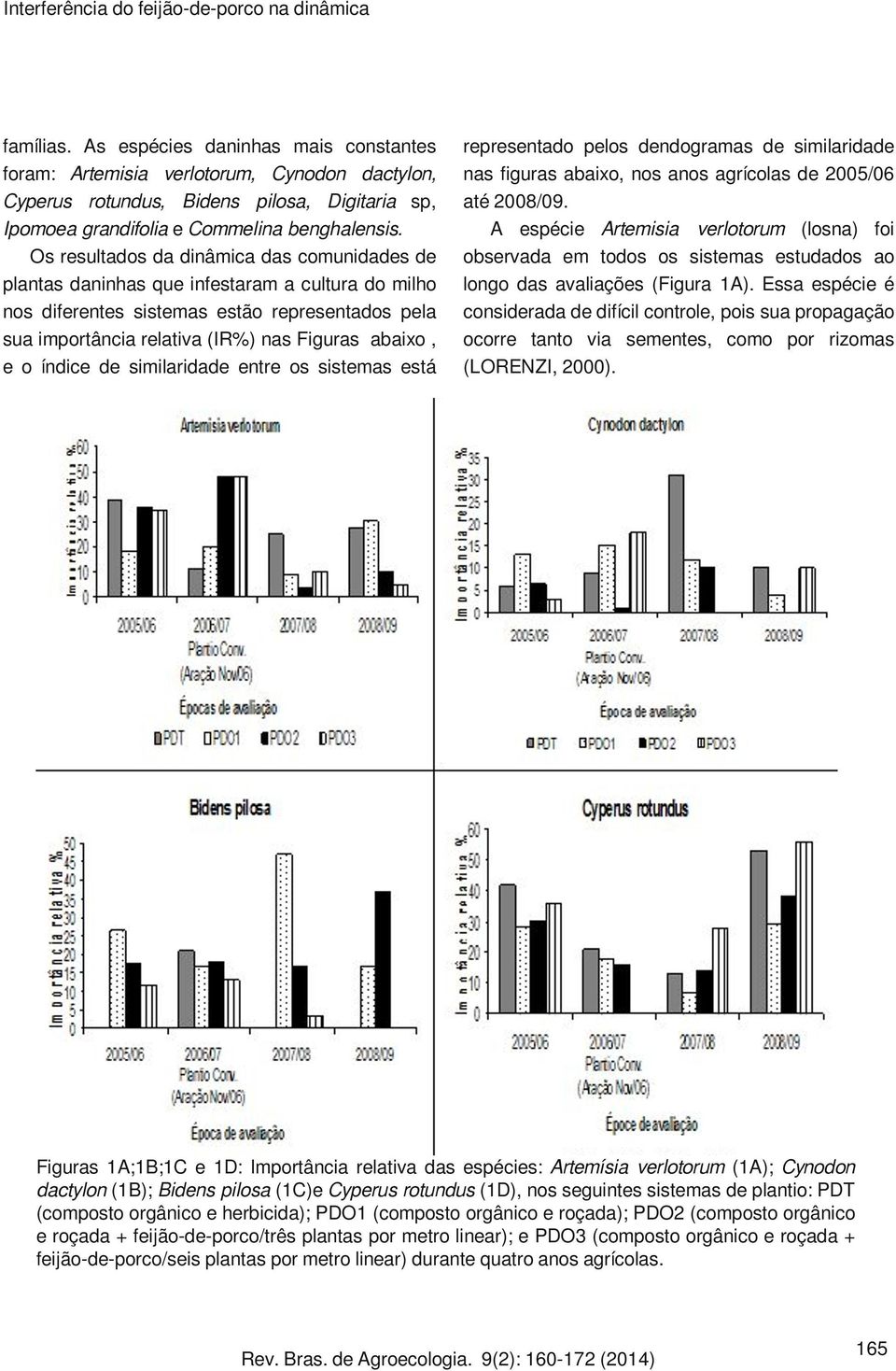 Os resultados da dinâmica das comunidades de plantas daninhas que infestaram a cultura do milho nos diferentes sistemas estão representados pela sua importância relativa (IR%) nas Figuras abaixo, e o