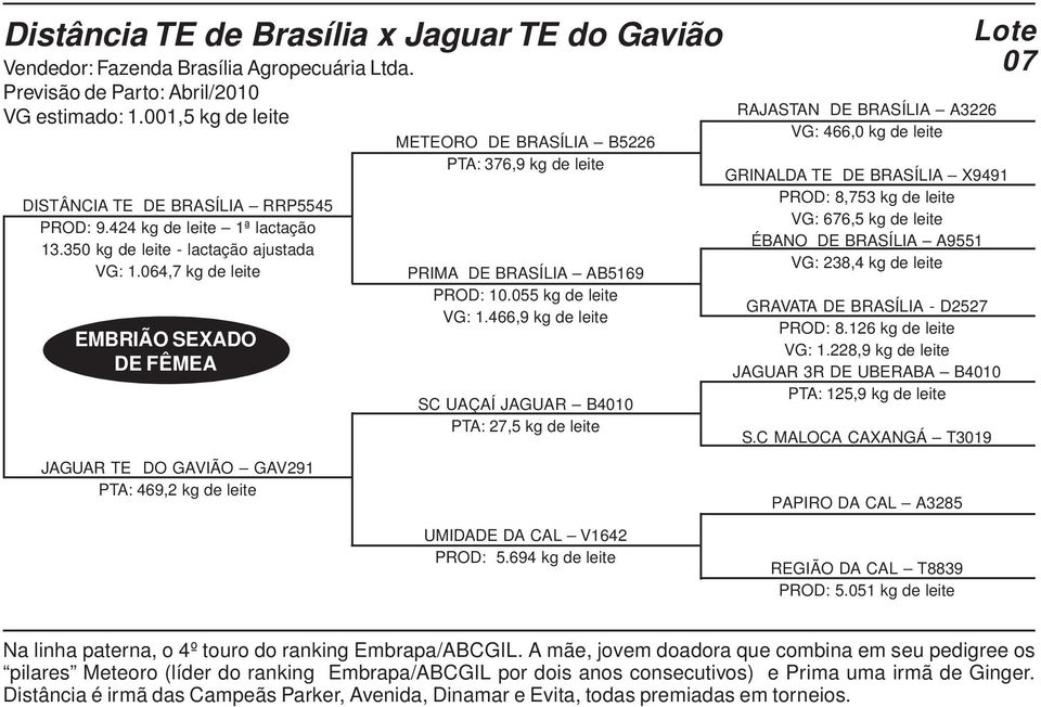 064,7 kg de leite EMBRIÃO SEXADO DE FÊMEA JAGUAR TE DO GAVIÃO GAV291 PTA: 469,2 kg de leite METEORO DE BRASÍLIA B5226 PTA: 376,9 kg de leite PRIMA DE BRASÍLIA AB5169 PROD: 10.055 kg de leite VG: 1.