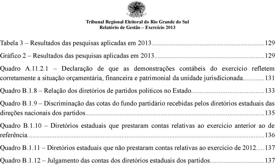 .9 Discriminação das cotas do fundo partidário recebidas pelos diretórios estaduais das direções nacionais dos partidos...35 Quadro B.