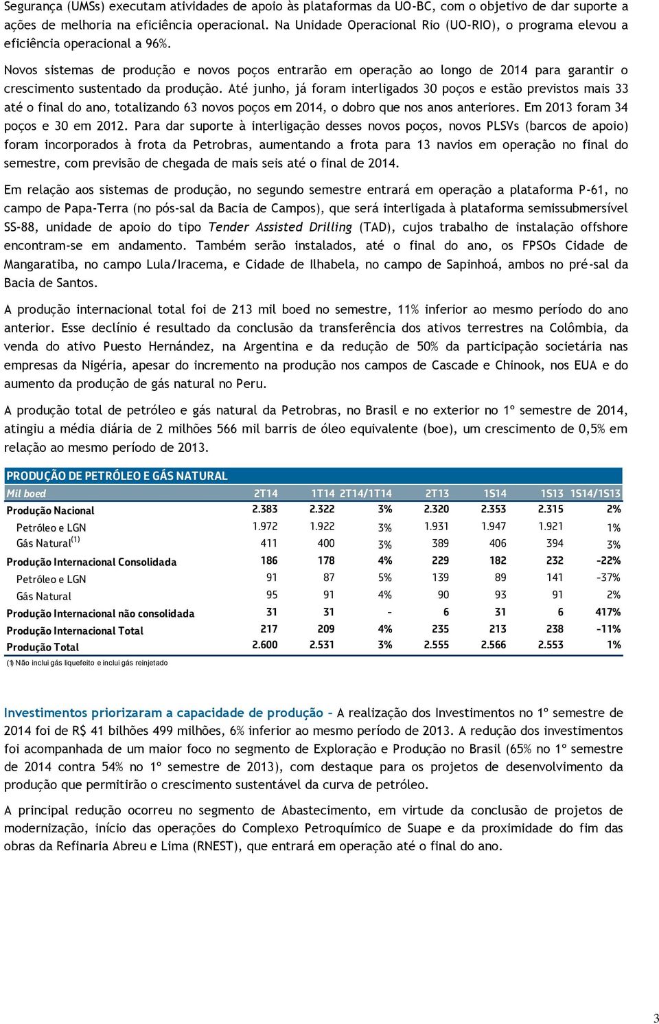 Novos sistemas de produção e novos poços entrarão em operação ao longo de 2014 para garantir o crescimento sustentado da produção.